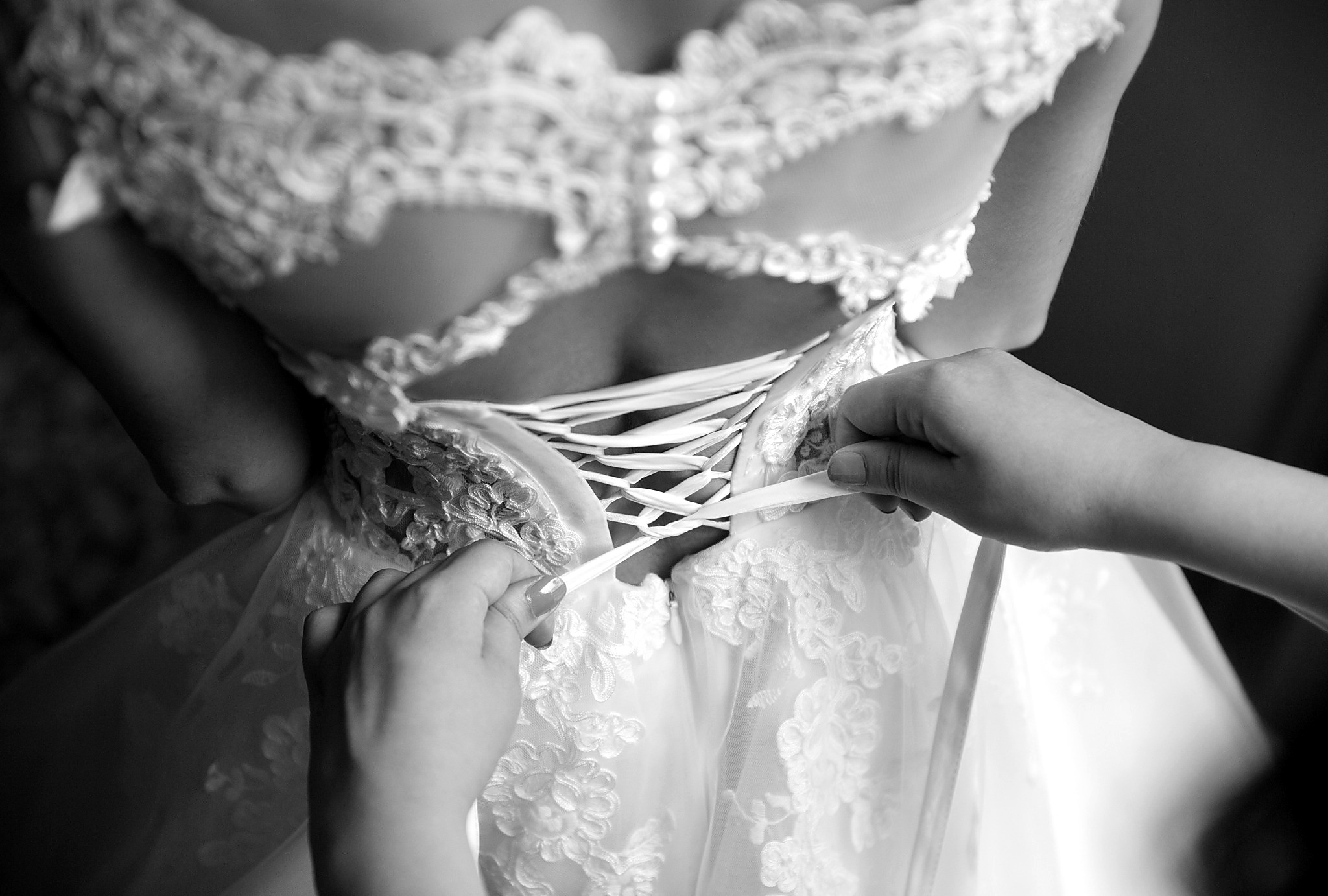 Close-up of designer wedding gown lace